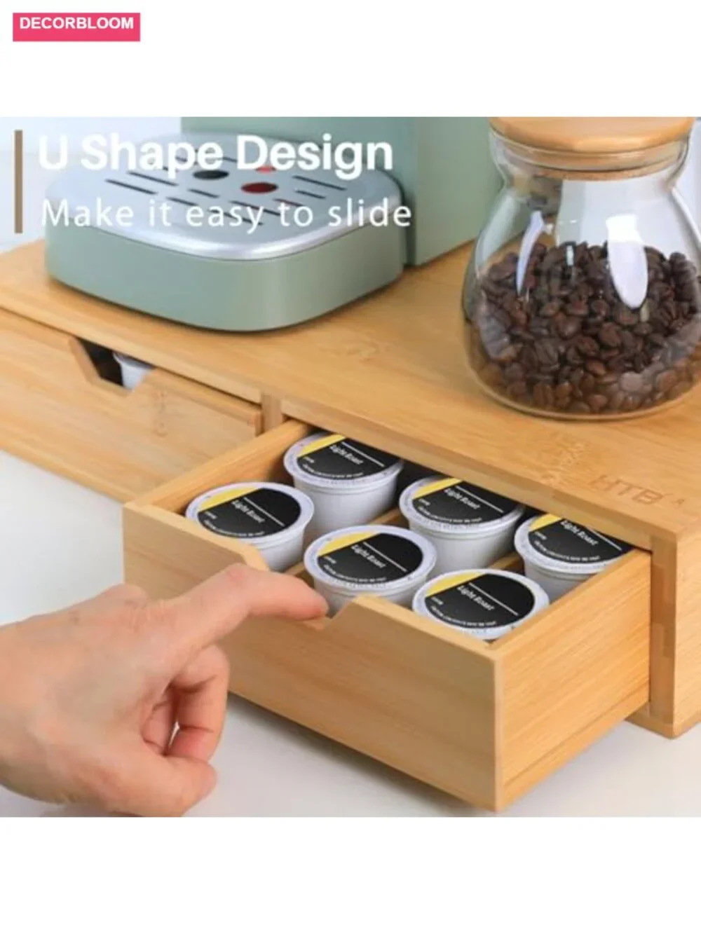 2-Drawer Bamboo Coffee Pod Storage Drawer, Removable Divider